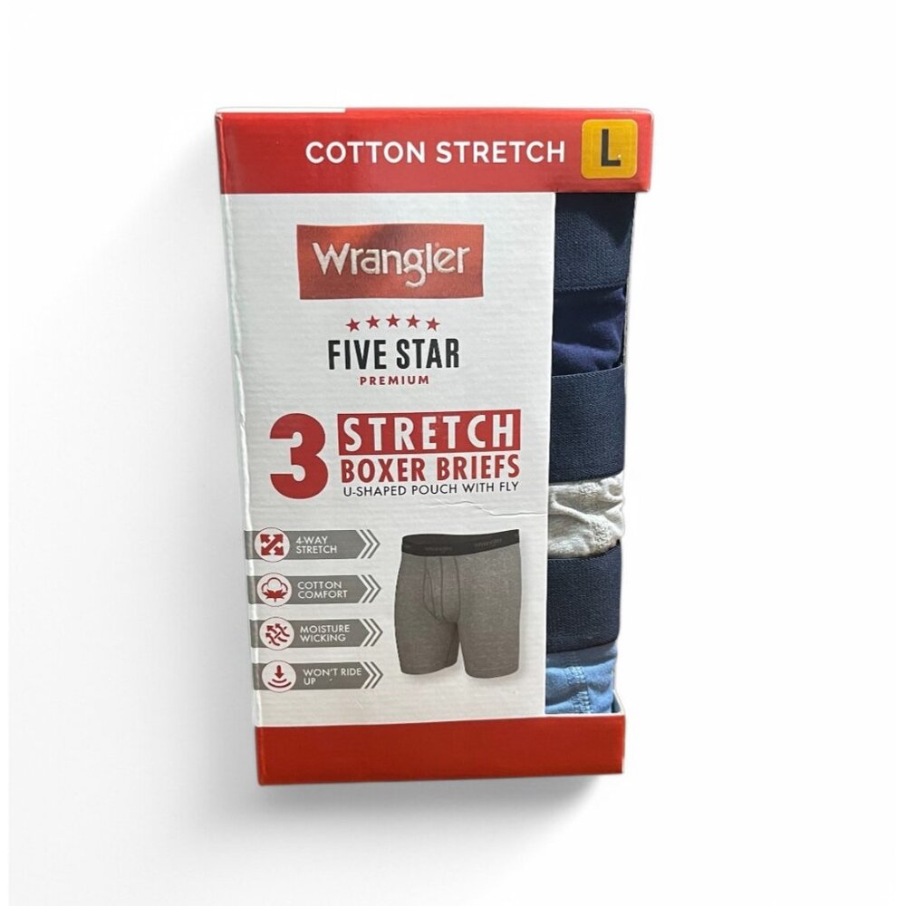 Wrangler Five Star 3-Pack Cotton Stretch Boxer Briefs, Size L, Navy, Gray, Blue